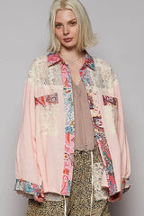 POL Lace Patchwork Floral Trim Long Sleeve Shirt Blush Pink / S