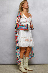 POL Open Front Crochet Cardigan with Weave Knit Patterns BEIGE MULTI / One Size
