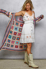 POL Open Front Crochet Cardigan with Weave Knit Patterns BEIGE MULTI / One Size