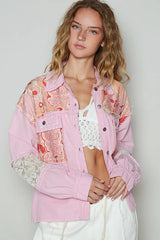 POL Printed Woven Mix Raw Hem Jacket with Lace Detail Pink / S