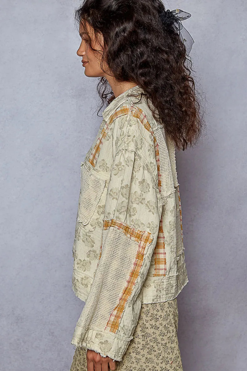 POL Raw Hem Zip Up Floral Jacket with Plaid and Crochet Patch
