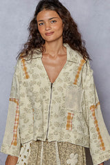 POL Raw Hem Zip Up Floral Jacket with Plaid and Crochet Patch