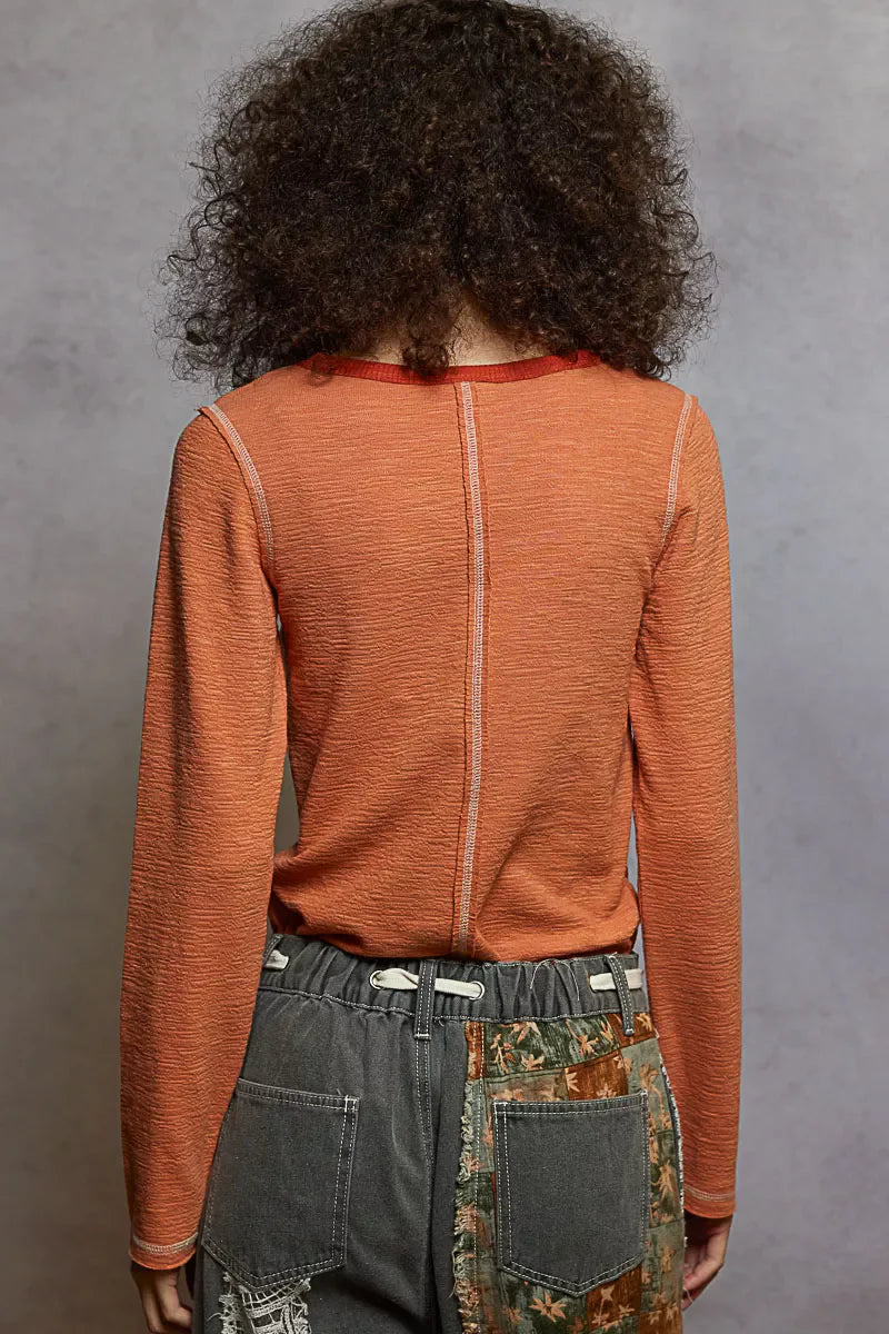 POL Round Neck Long Sleeve Contrast Stitching T-Shirt with Stud Detail