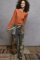 POL Round Neck Long Sleeve Contrast Stitching T-Shirt with Stud Detail