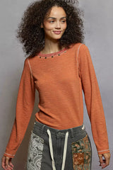 POL Round Neck Long Sleeve Contrast Stitching T-Shirt with Stud Detail DRIED APRICOT / S