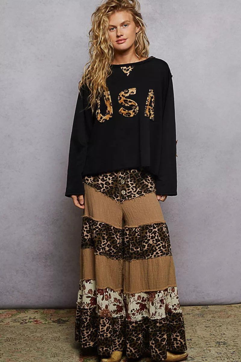 POL Round Neck Long Sleeve French Terry Sweatshirt with USA Letter Animal Patch