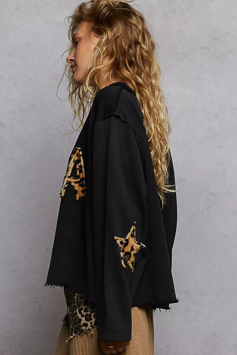 POL Round Neck Long Sleeve French Terry Sweatshirt with USA Letter Animal Patch