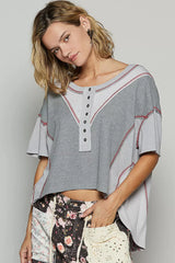 POL Round Neck Short Sleeve Contrast Stitching Top with Back Strap Detail