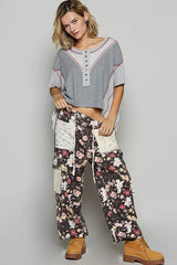 POL Round Neck Short Sleeve Contrast Stitching Top with Back Strap Detail