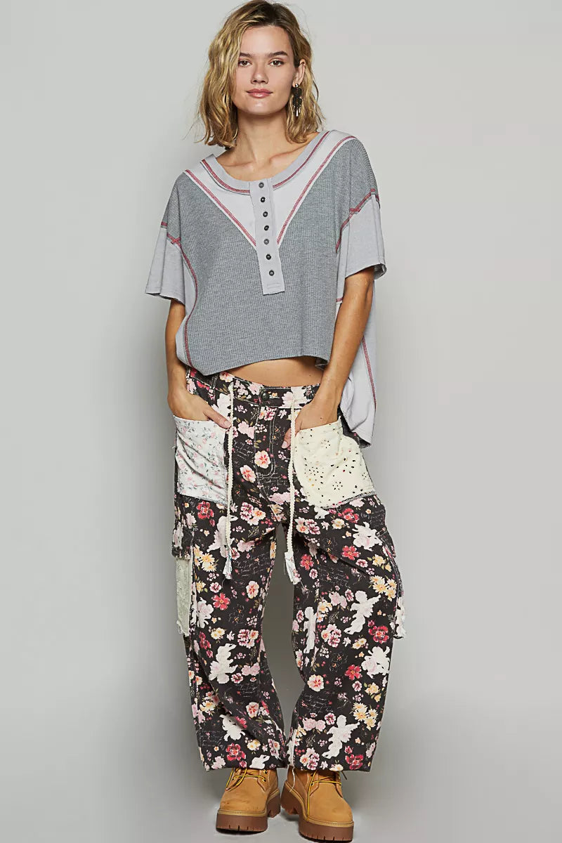 POL Round Neck Short Sleeve Contrast Stitching Top with Back Strap Detail