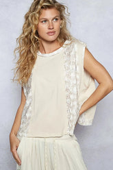 POL Round Neck Sleeveless Top with Floral Contrast ALMONDMULTI / S