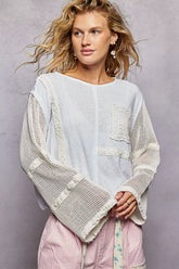 POL Round Neck Washed Top with Crochet See Through Sleeves OFF WHITE / S