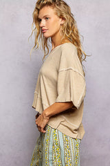 POL Short Sleeve Ccopped Rib T-Shirt with Contrast Stitch Detail