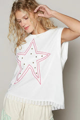POL Star Patch Studded Sleeveless T-Shirt with Lace Hem White / S