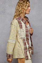 POL Studded Contrast Plaid Long Sleeve Shirt