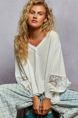 POL V-Neck Long Sleeve T-Shirt with Lace Detail White / S