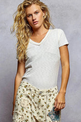 POL V-Neck Short Sleeve Ribbed T-Shirt with Contrast Overlock Stitching