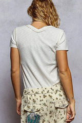 POL V-Neck Short Sleeve Ribbed T-Shirt with Contrast Overlock Stitching