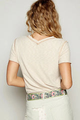 POL V-Neck Short Sleeve Ribbed T-Shirt with Contrast Overlock Stitching