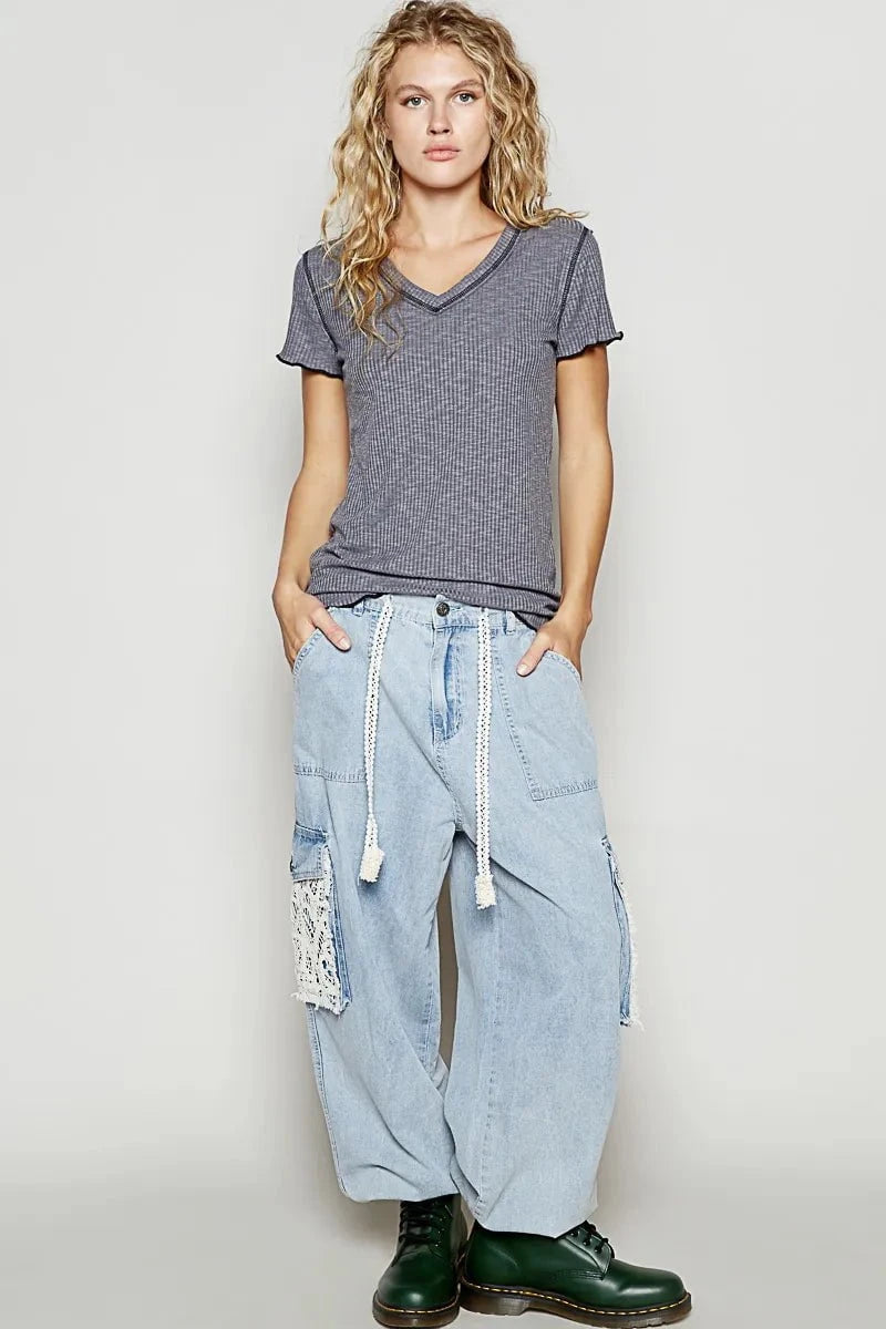 POL V-Neck Short Sleeve Ribbed T-Shirt with Contrast Overlock Stitching