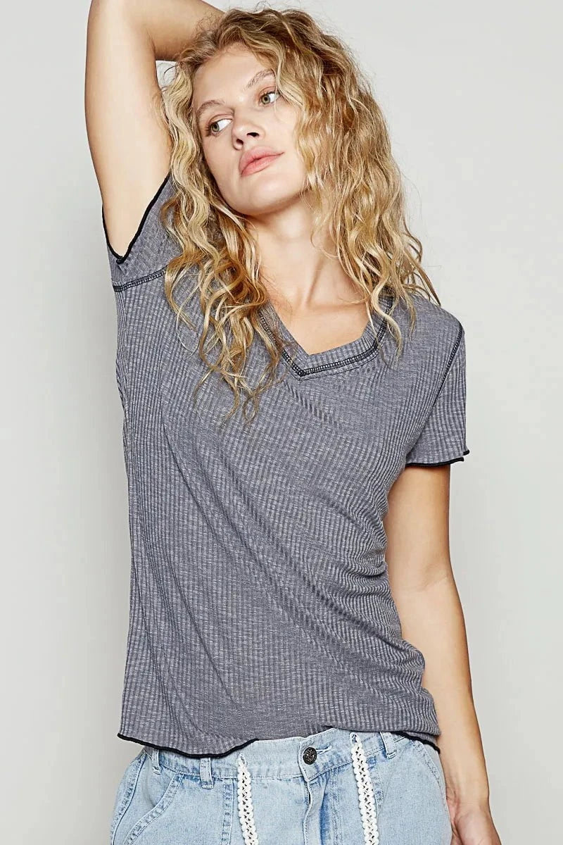 POL V-Neck Short Sleeve Ribbed T-Shirt with Contrast Overlock Stitching