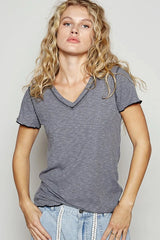 POL V-Neck Short Sleeve Ribbed T-Shirt with Contrast Overlock Stitching CHARCOAL / S