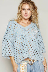 POL V-Neck Short Sleeve Top with Laser Cut Detail Light / S