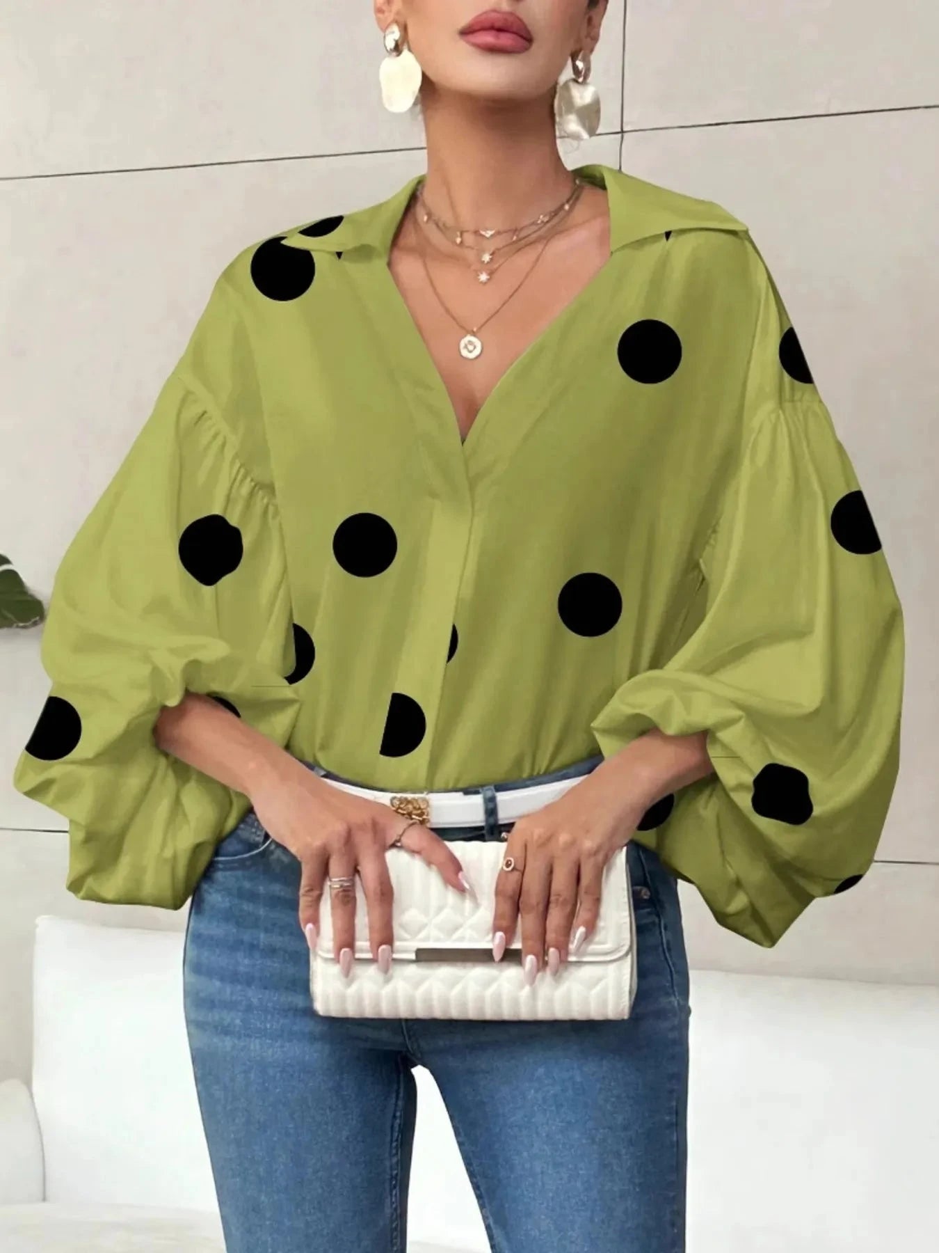 Polka Dot Balloon Sleeve Blouse Matcha Green Polka Dots / S