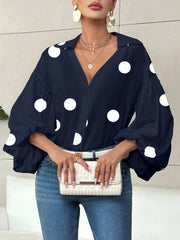 Polka Dot Balloon Sleeve Blouse Navy Blue Polka Dots / S