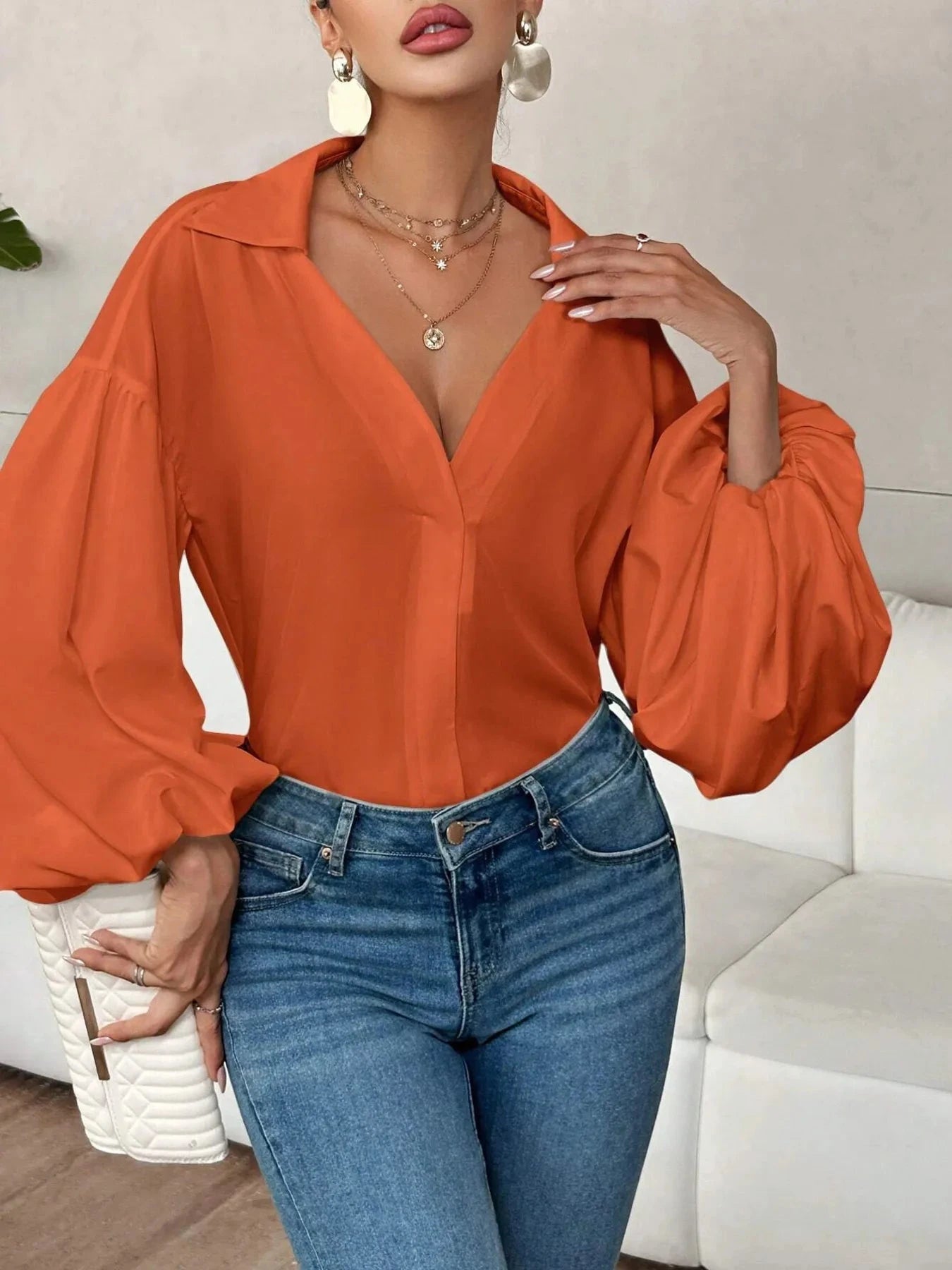 Polka Dot Balloon Sleeve Blouse Orange Red / S