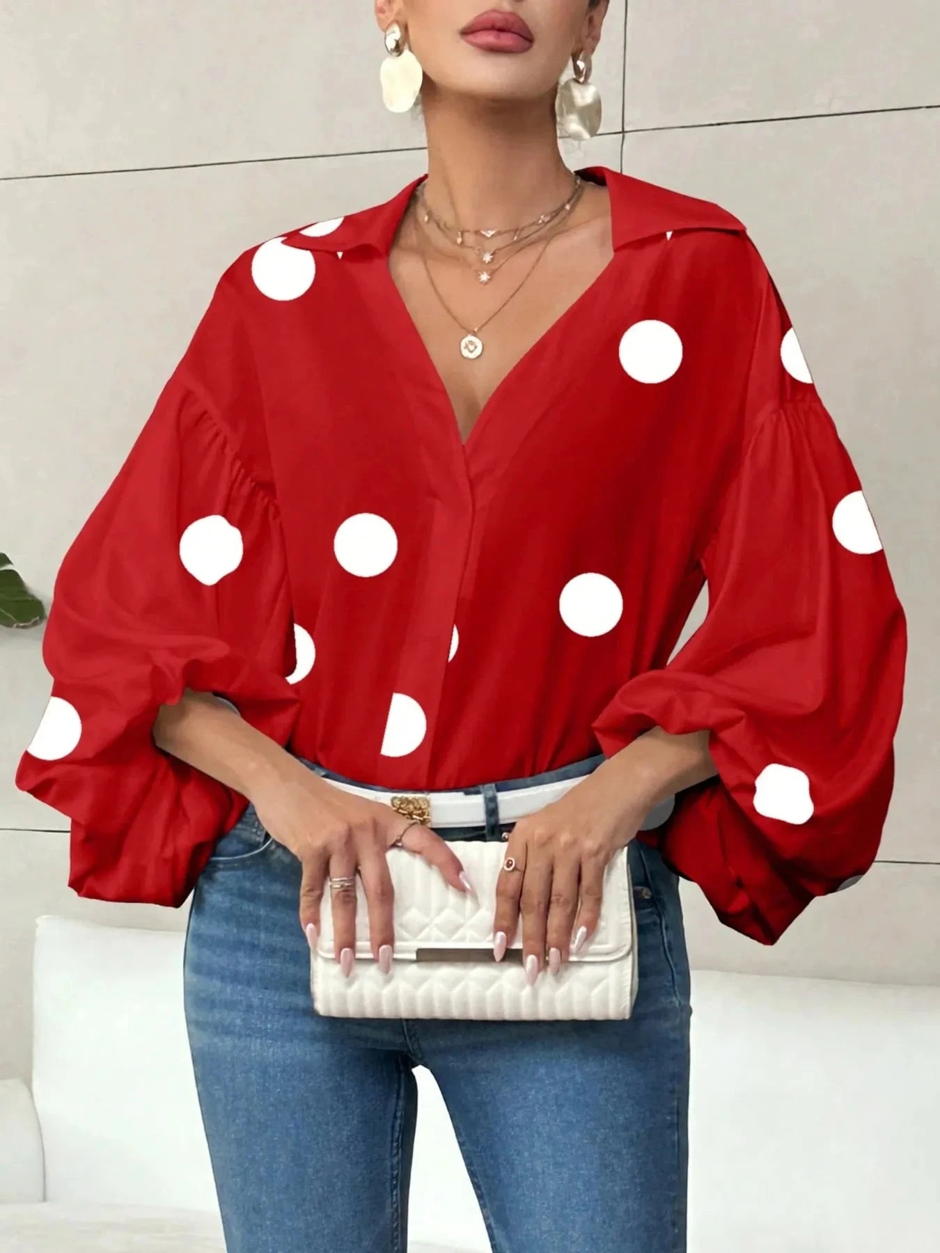 Polka Dot Balloon Sleeve Blouse Red Polka Dots / S