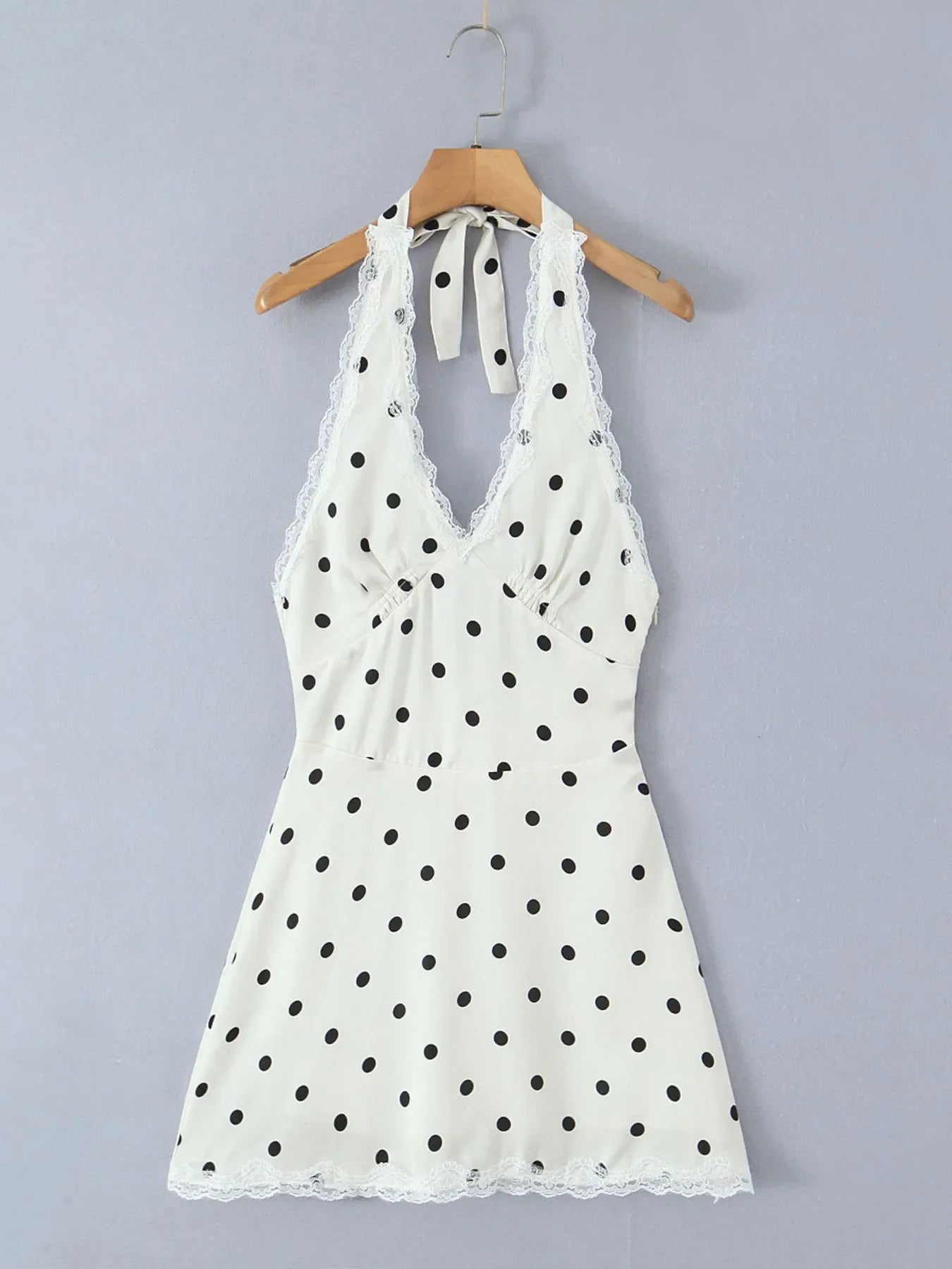 Polka Dot Halter Mini Dress with Lace Trim