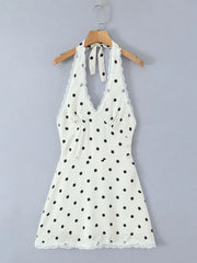 Polka Dot Halter Mini Dress with Lace Trim