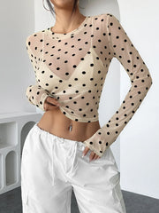 Polka Dot Mesh Long Sleeve Crop Top