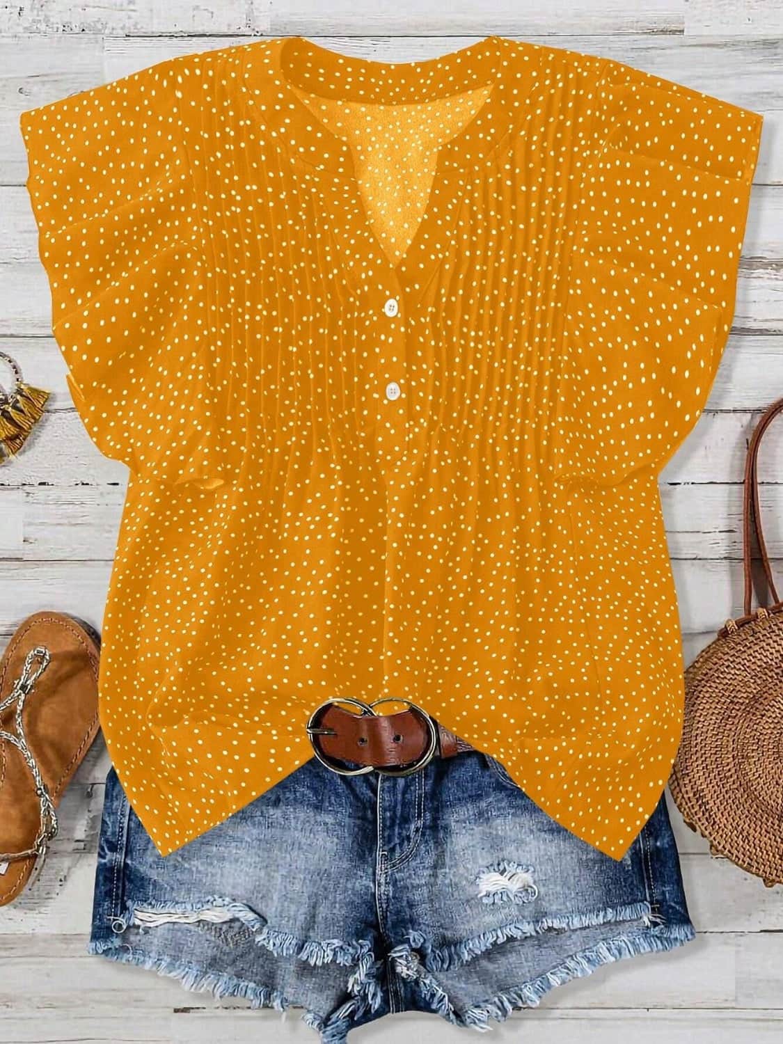 Polka Dot Notched Ruffled Cap Sleeve Blouse Gold / S