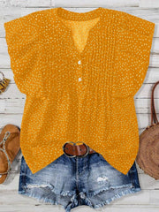 Polka Dot Notched Ruffled Cap Sleeve Blouse Gold / S
