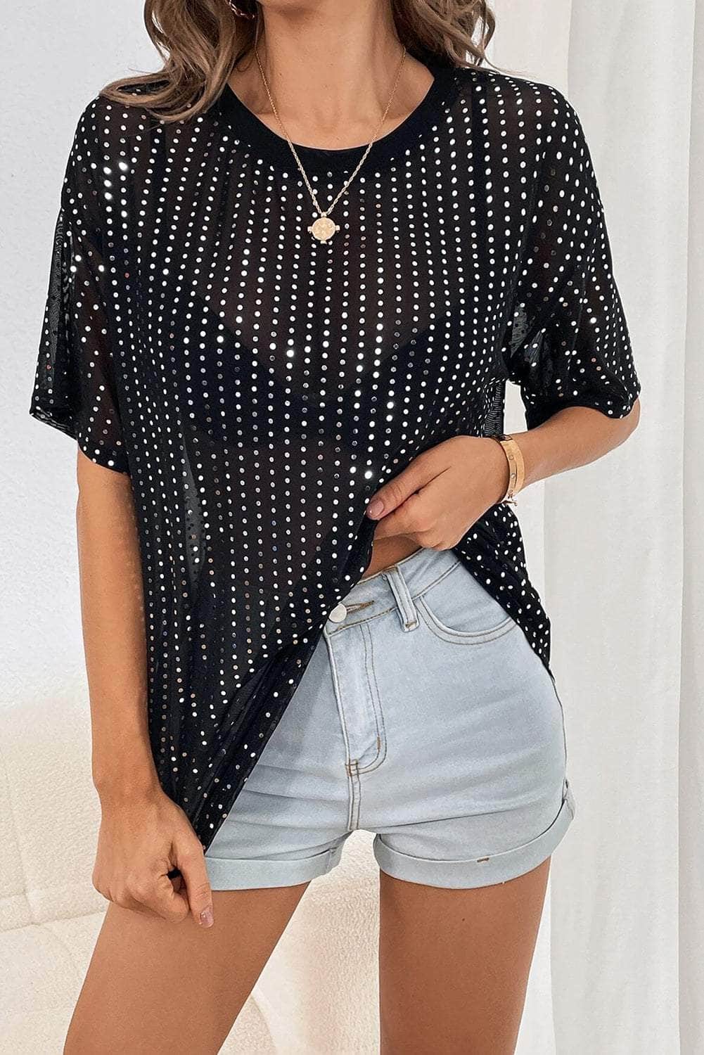 Polka Dot Round Neck Half Sleeve T-Shirt Black / S
