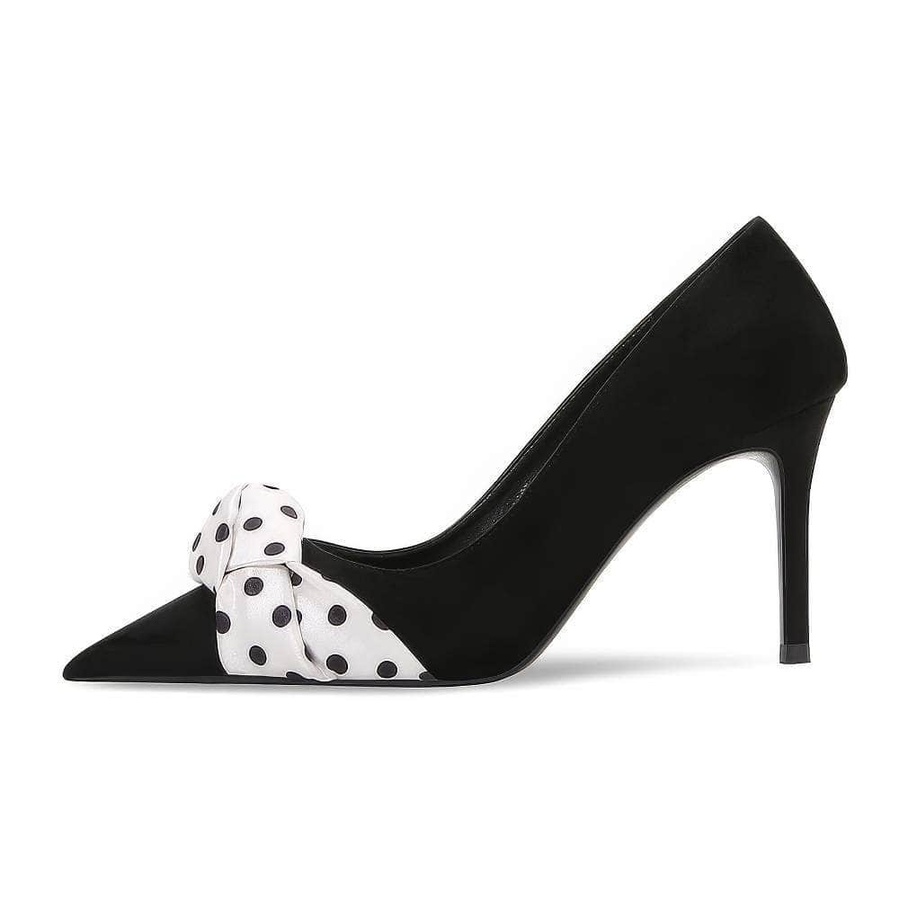 Polka Dot Ruched Scarf Detail Suede Pump Heels