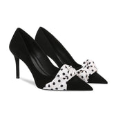 Polka Dot Ruched Scarf Detail Suede Pump Heels EU 33 / Black / 6.5CM