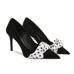 Polka Dot Ruched Scarf Detail Suede Pump Heels EU 33 / Black / 6.5CM