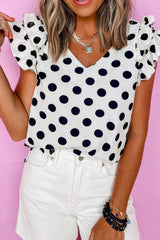 Polka Dot Ruffled Cap Sleeve V Neck Blouse