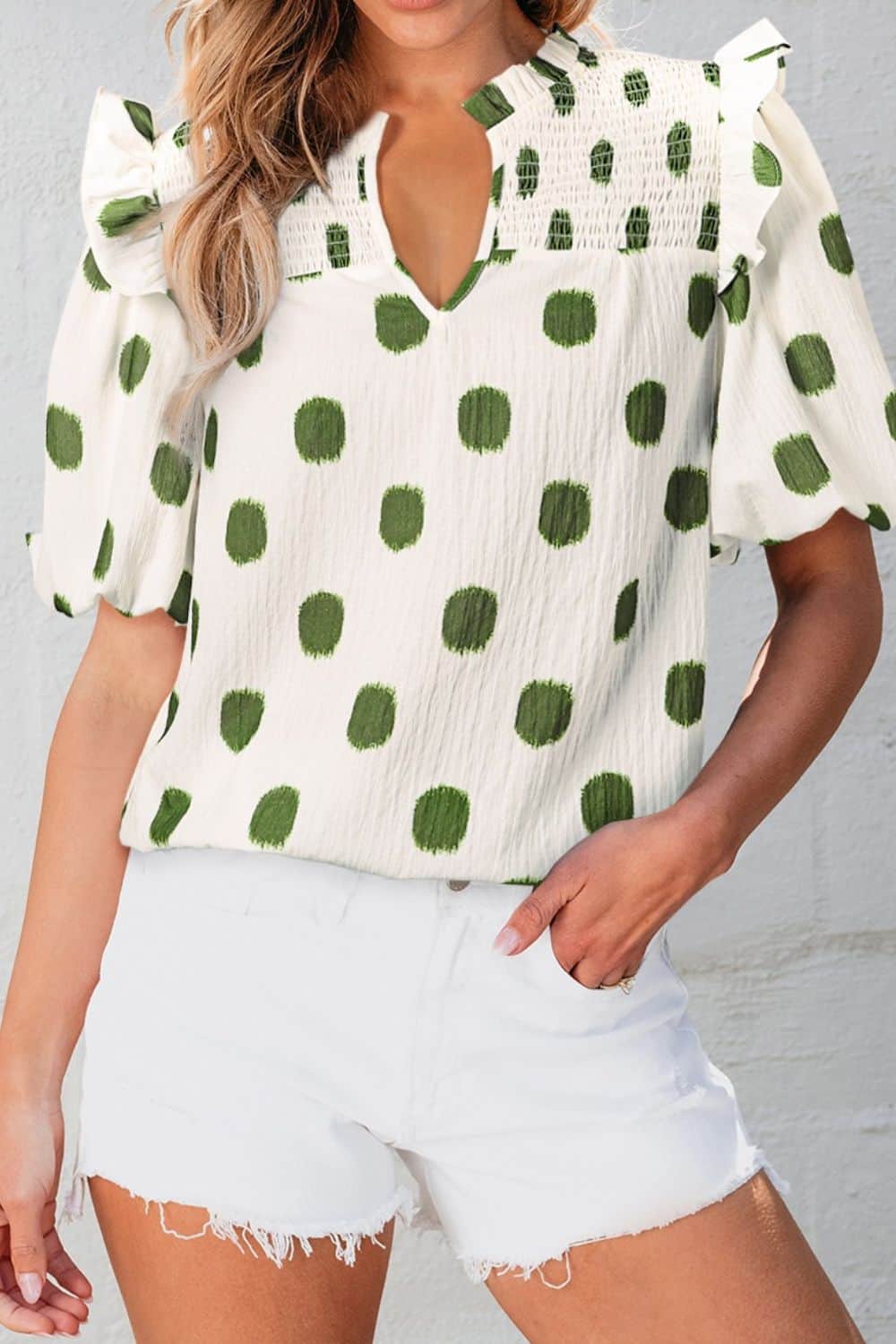 Polka Dot Shirred Yoke Notched Neck Puff Sleeve Blouse Matcha Green / S