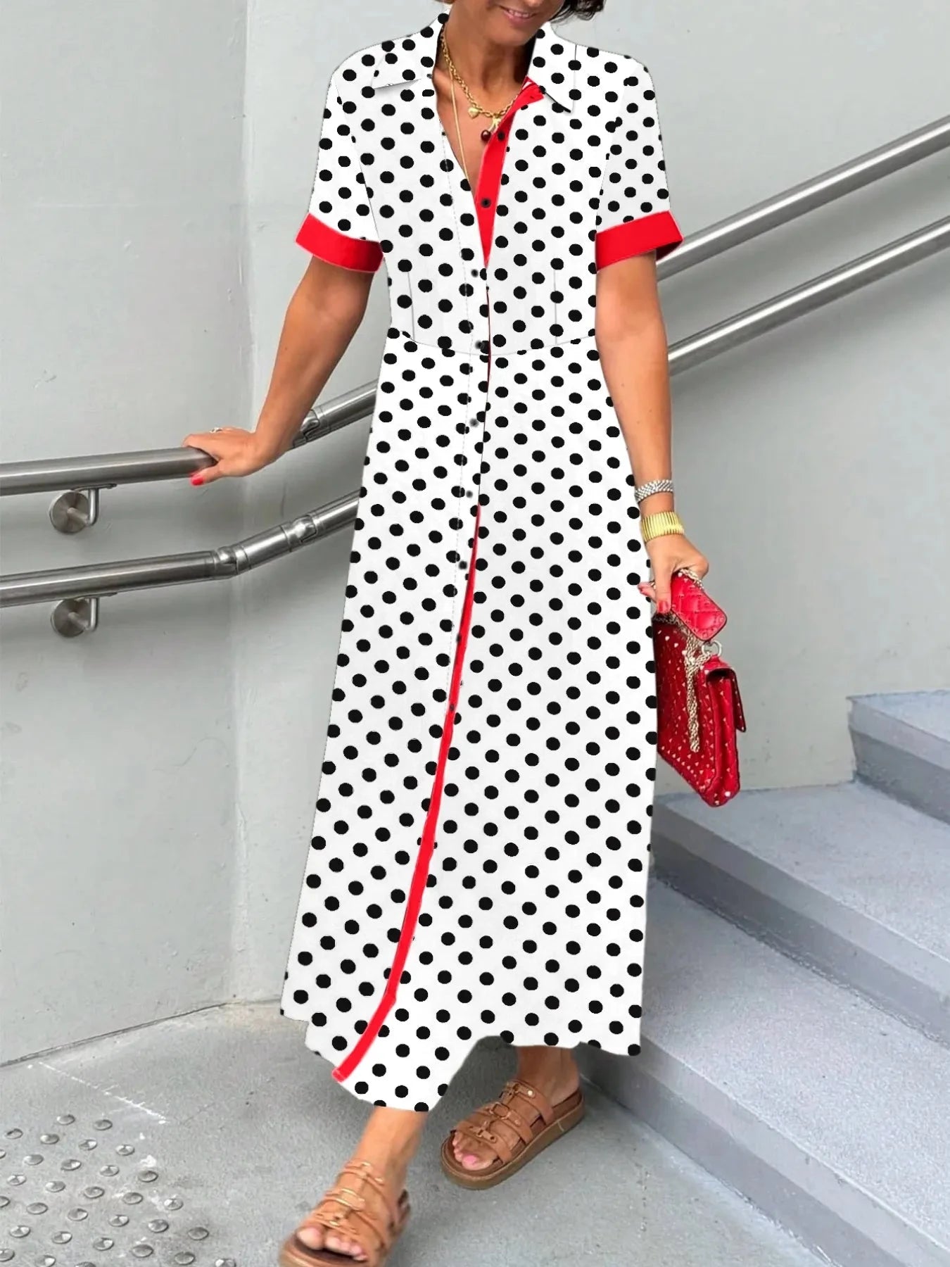 Polka Dot Short Sleeve Maxi Shirt Dress White / S