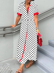 Polka Dot Short Sleeve Maxi Shirt Dress White / S