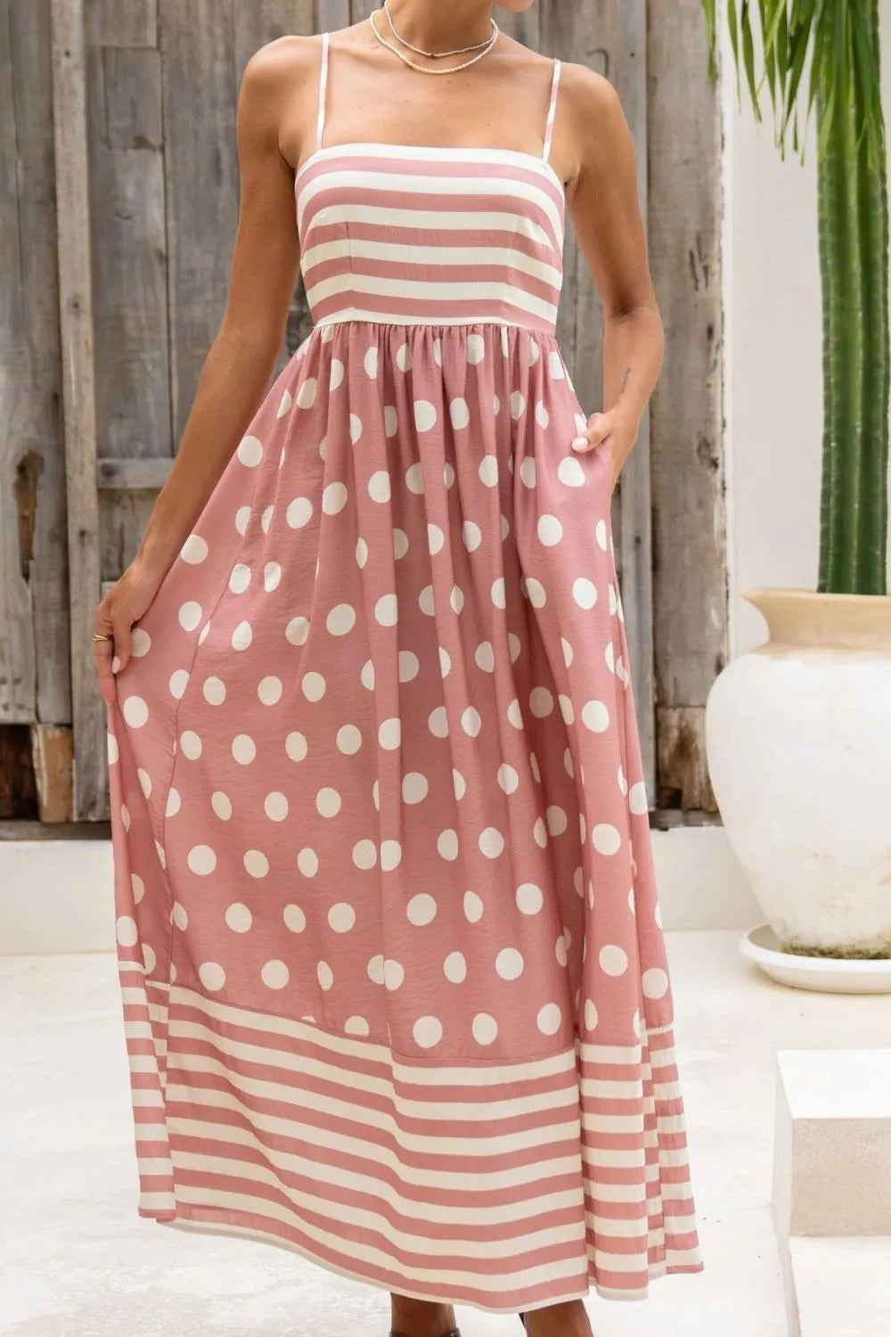 Polka Dot Square Neck Cami Dress Dusty Pink / S