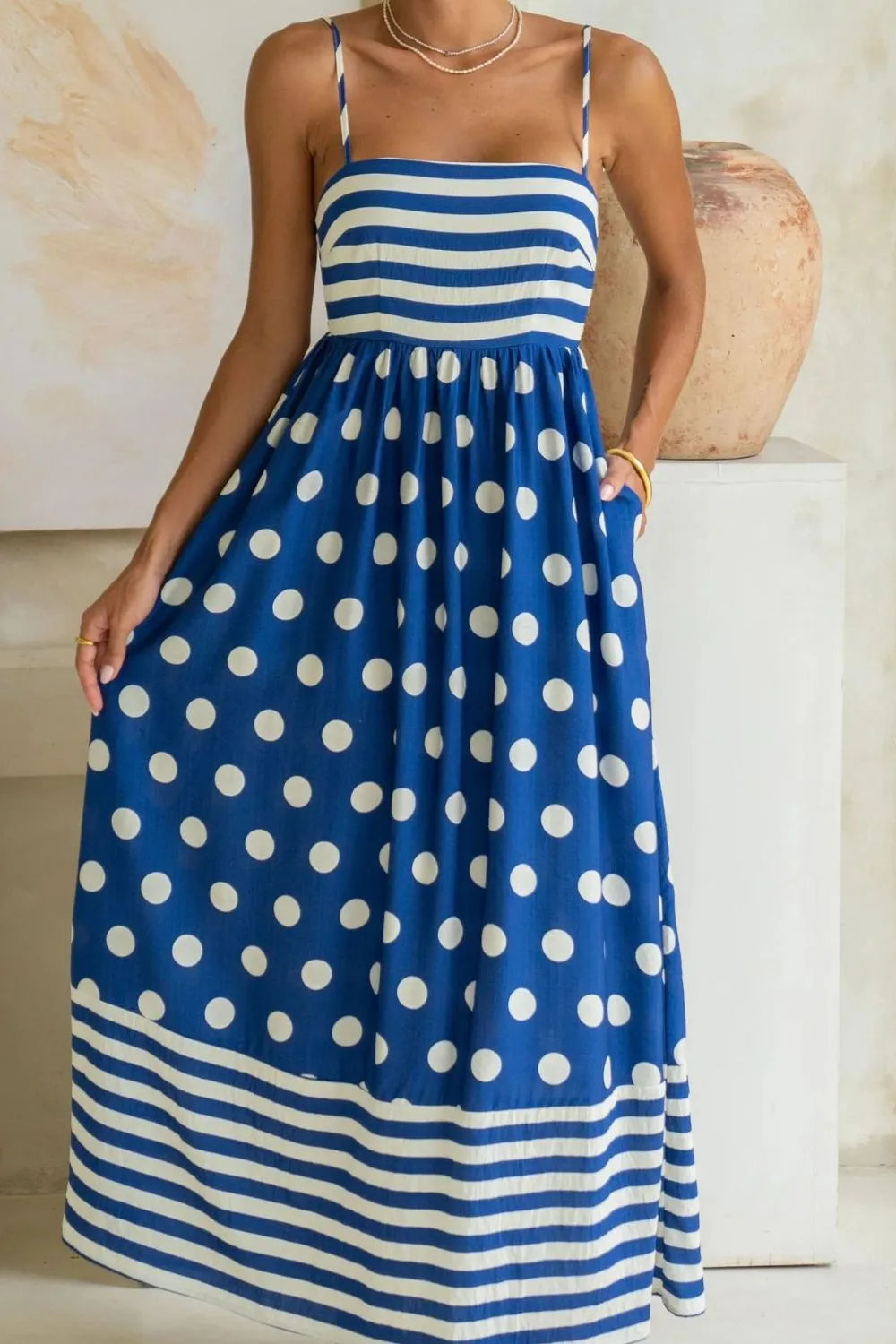 Polka Dot Square Neck Cami Dress Royal Blue / S