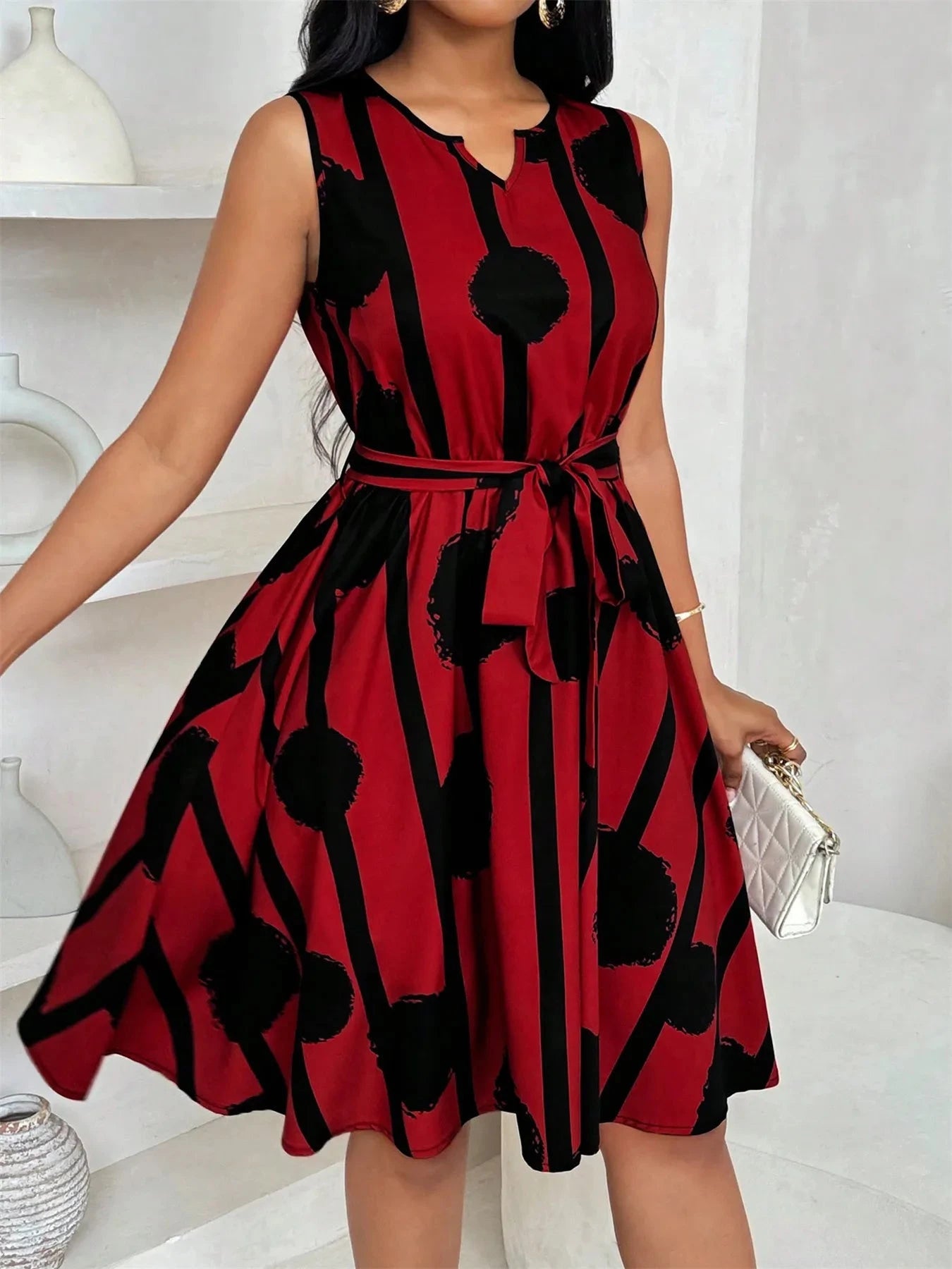 Polka Dot Tie Waist Sleeveless Dress