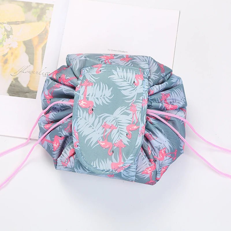 Portable waterproof women's drawstring makeup organizer and cosmetic bag Flamingo