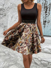 Printed A-Line Tank Dress with Lace Waist Detail Apricot / S