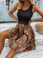 Printed A-Line Tank Dress with Lace Waist Detail Coffee / S